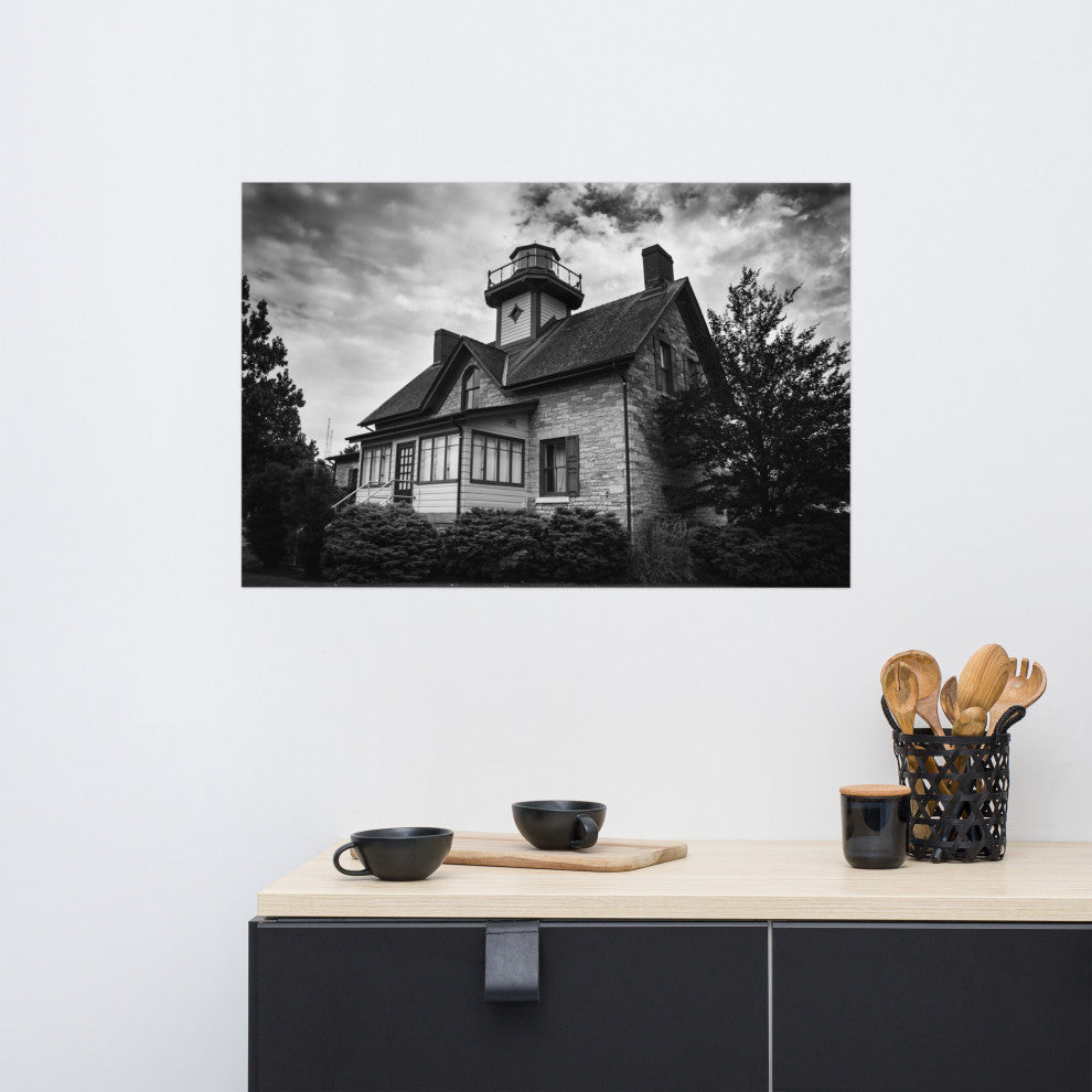 Cedar Point Lighthouse in Black and White Unframed Wall Art Prints, 24" X 36"