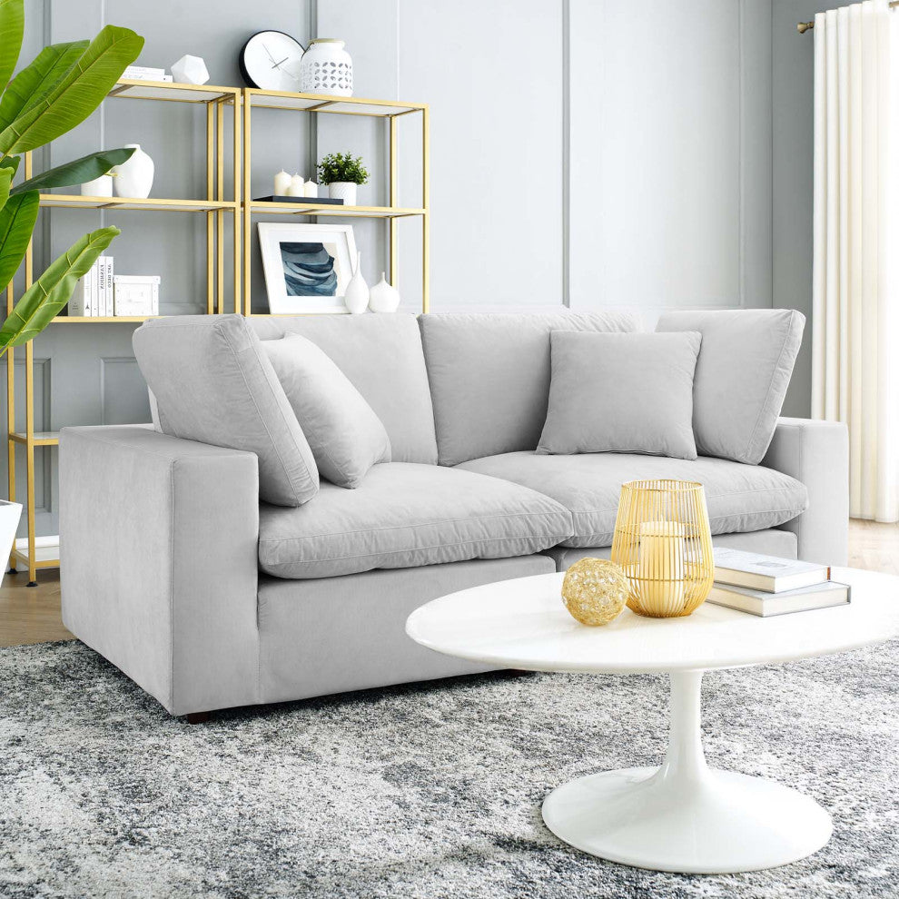 Loveseat Sofa, Velvet, Gray, Modern, Living Lounge Hotel Lobby Hospitality
