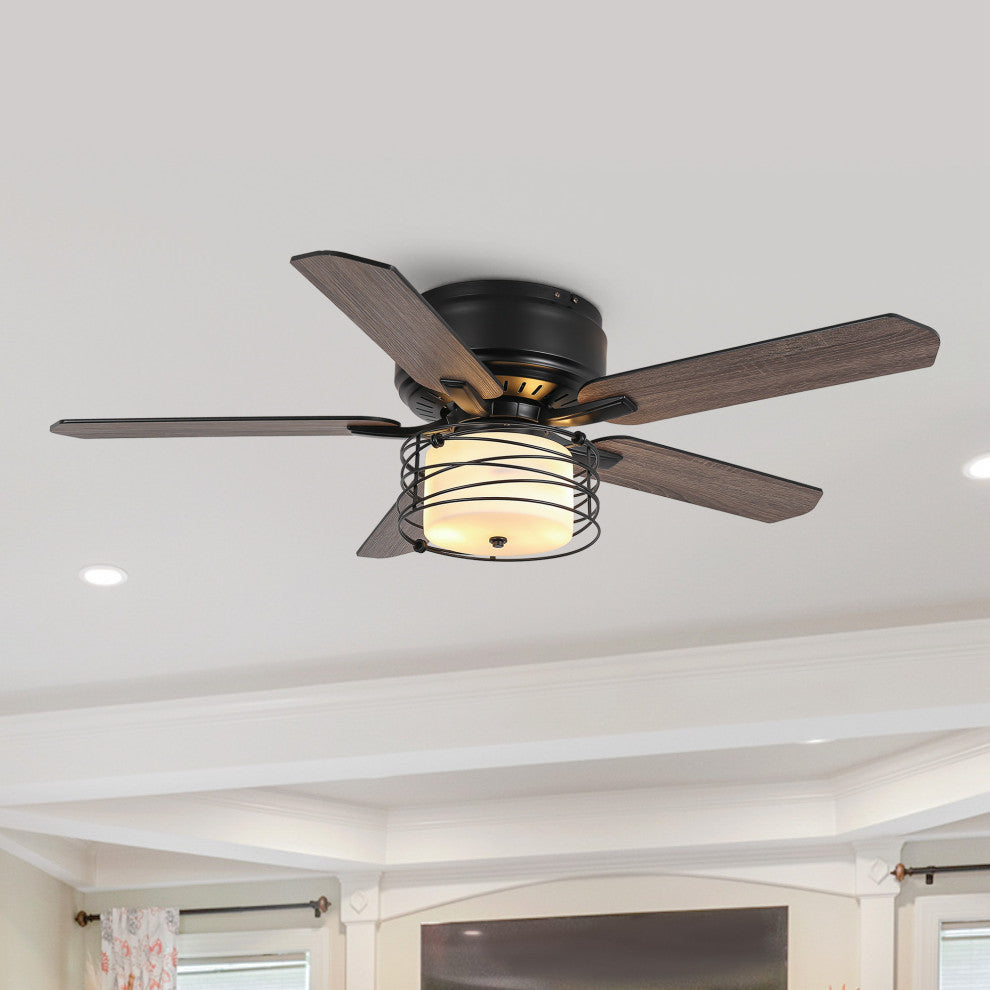 48 Black 5  Blades Industrial Flush Mounted LED Ceiling Fan With Remote Control