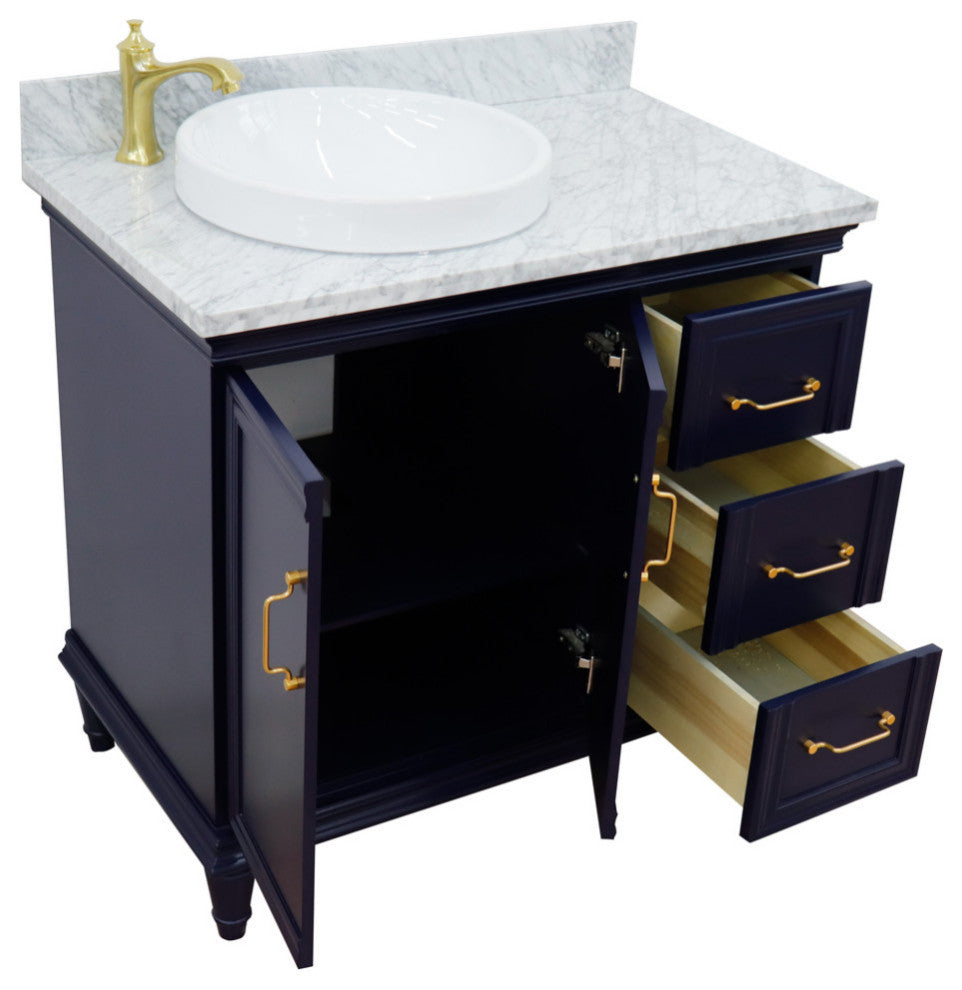 37" Single Vanity, Blue Finish With White Carrara