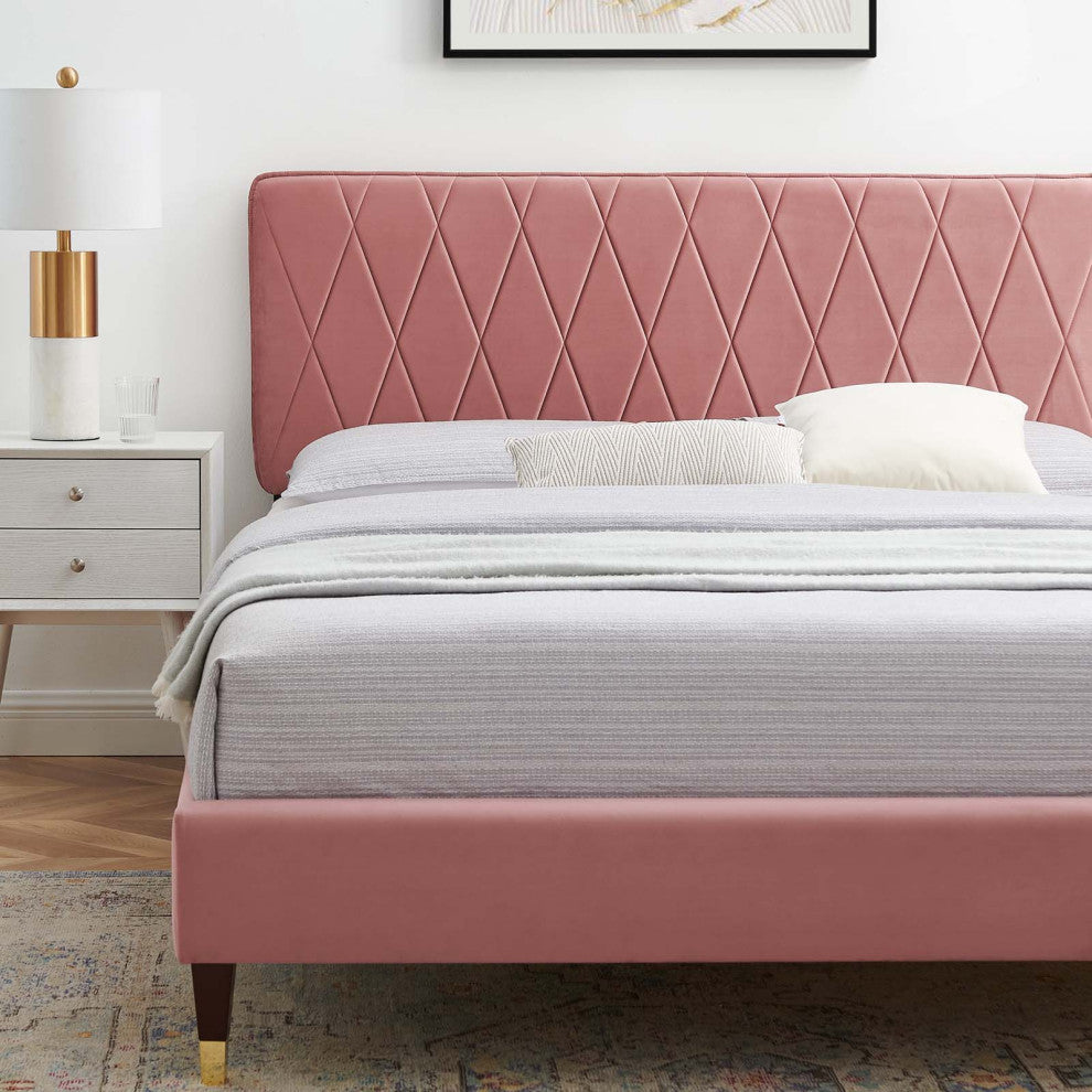 Platform Bed Frame, Queen Size, Velvet, Pink, Modern Contemporary, Bedroom