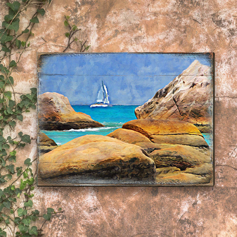 Sailboat on The Rocky Shore Wooden Block, 48 X 36