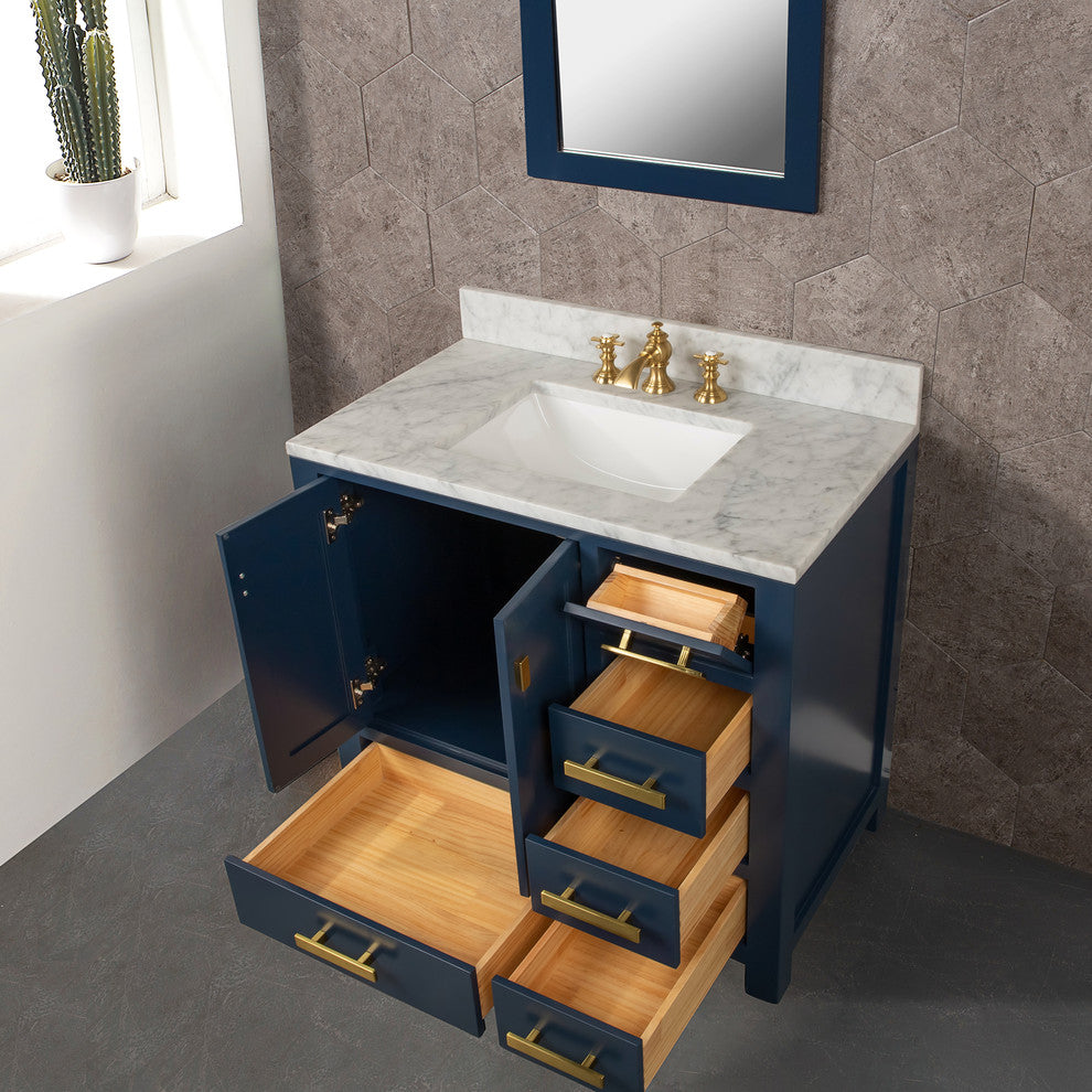 Madison 36" Carrara White Marble Vanity, Monarch Blue With Faucet