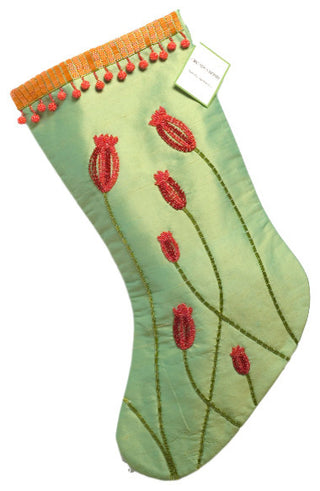 Green Silk Stocking With Colored Poppies