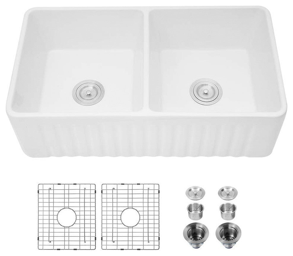 33" L X 20" W Double Basin Farmhouse Kitchen Sink With Grid And Strainer