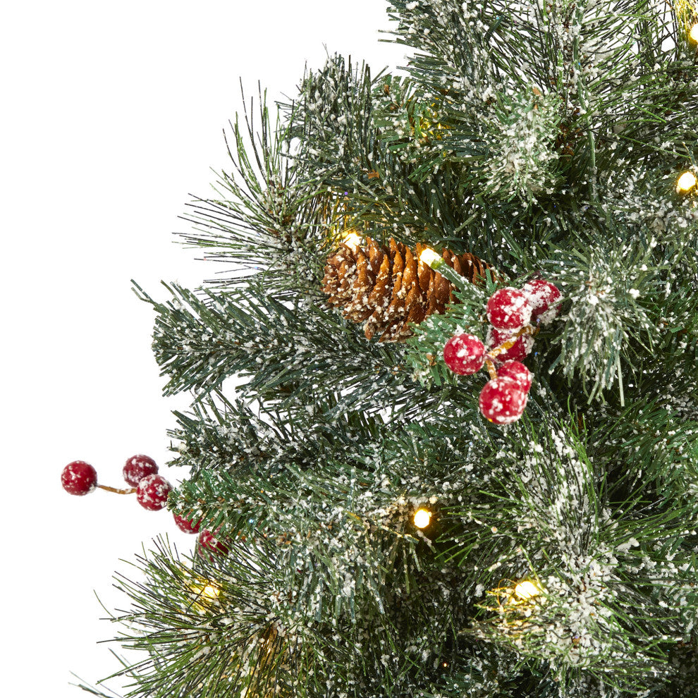 4' Frosted Pine, Pinecone & Berries Faux Xmas Tree W/100 Clear Lights, Urn