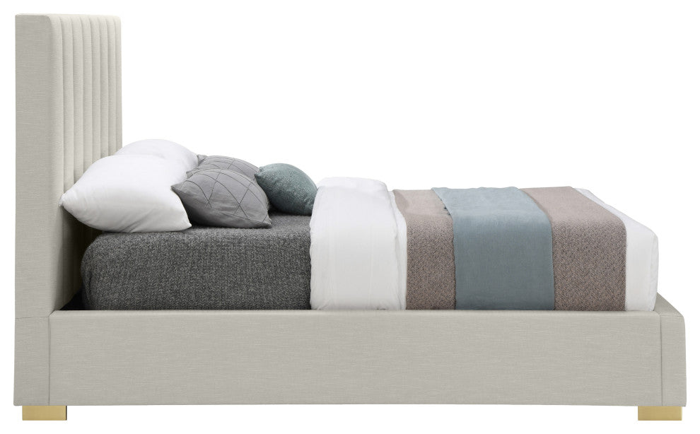 Pierce Linen Textured Fabric Upholstered Bed, Beige, Full