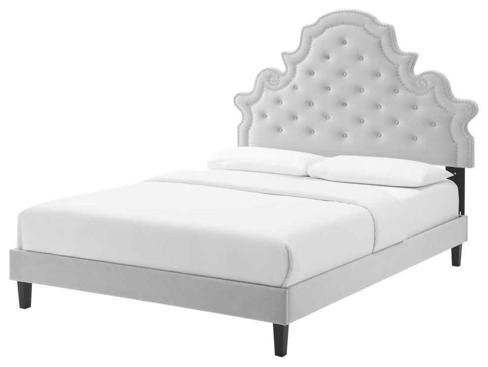 Tufted Platform Bed Frame, Twin Size, Velvet, Gray, Modern Contemporary