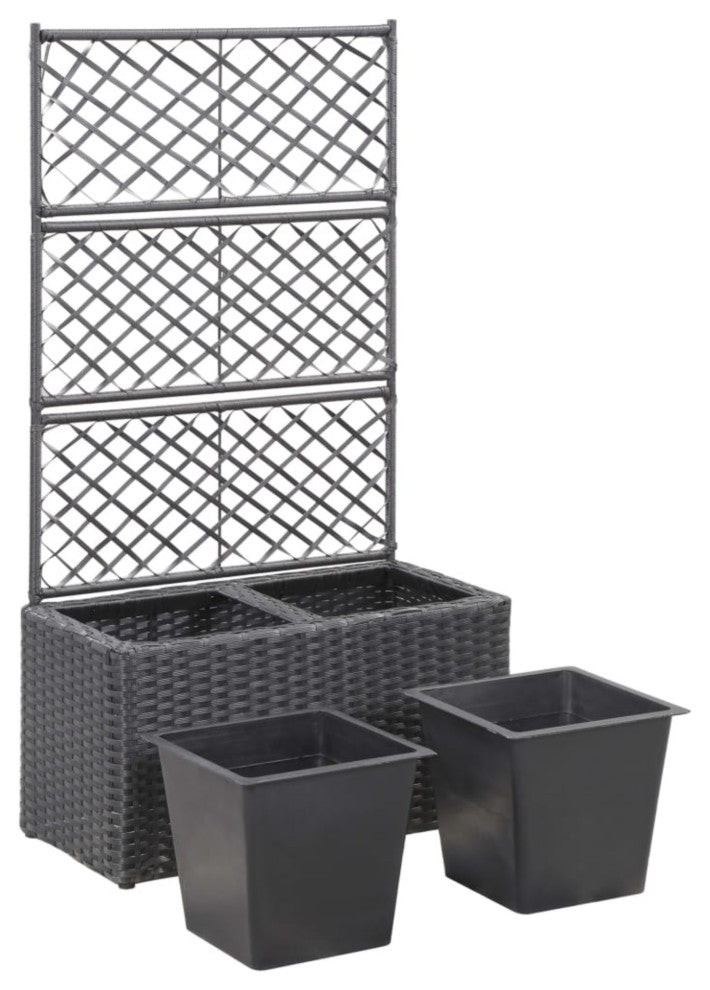 Vidaxl Trellis Raised Bed With 2 Pots 22.8"x11.8"x42.1" Poly Rattan Black