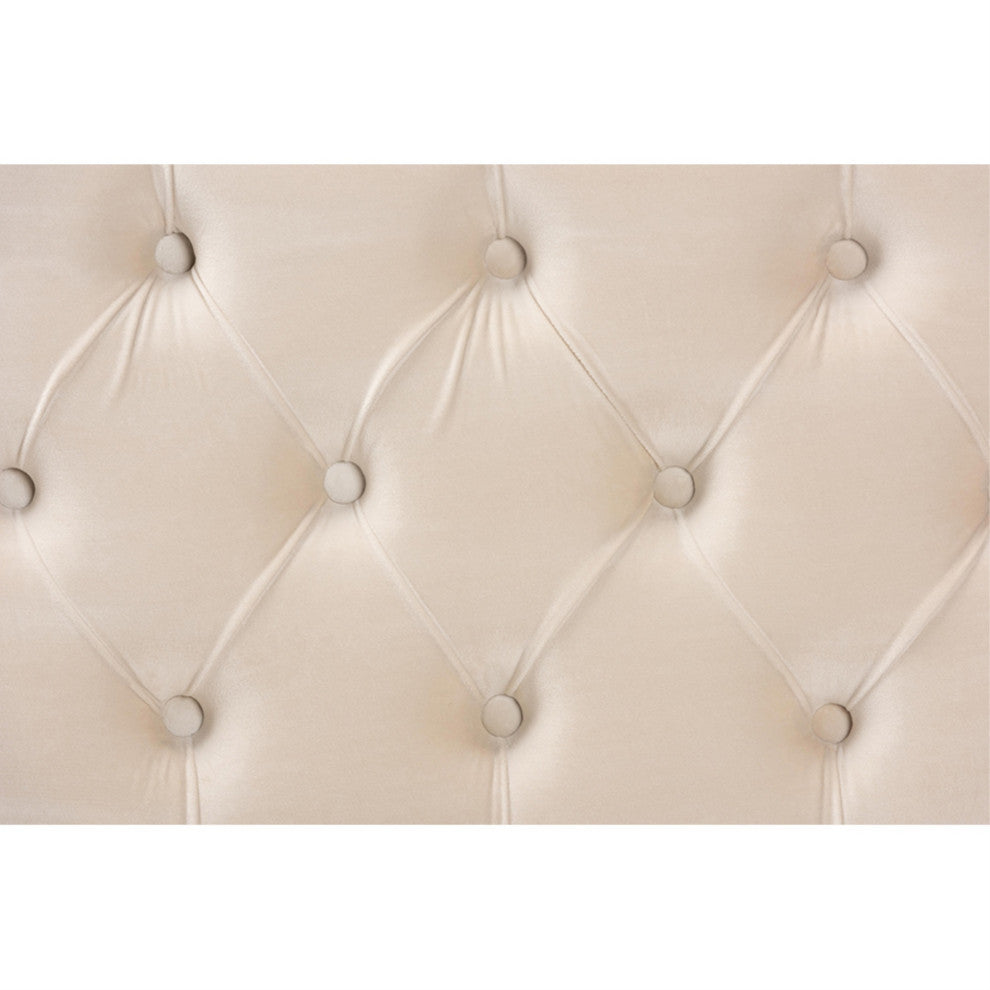 Glam Luxe Beige Velvet Fabric Upholstered and Gold PU Leather Storage Ottoman