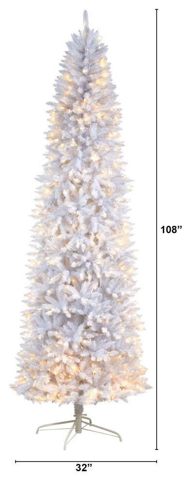 9' Slim White Artificial Christmas Tree With 600 White LED Lights/1860 Branches