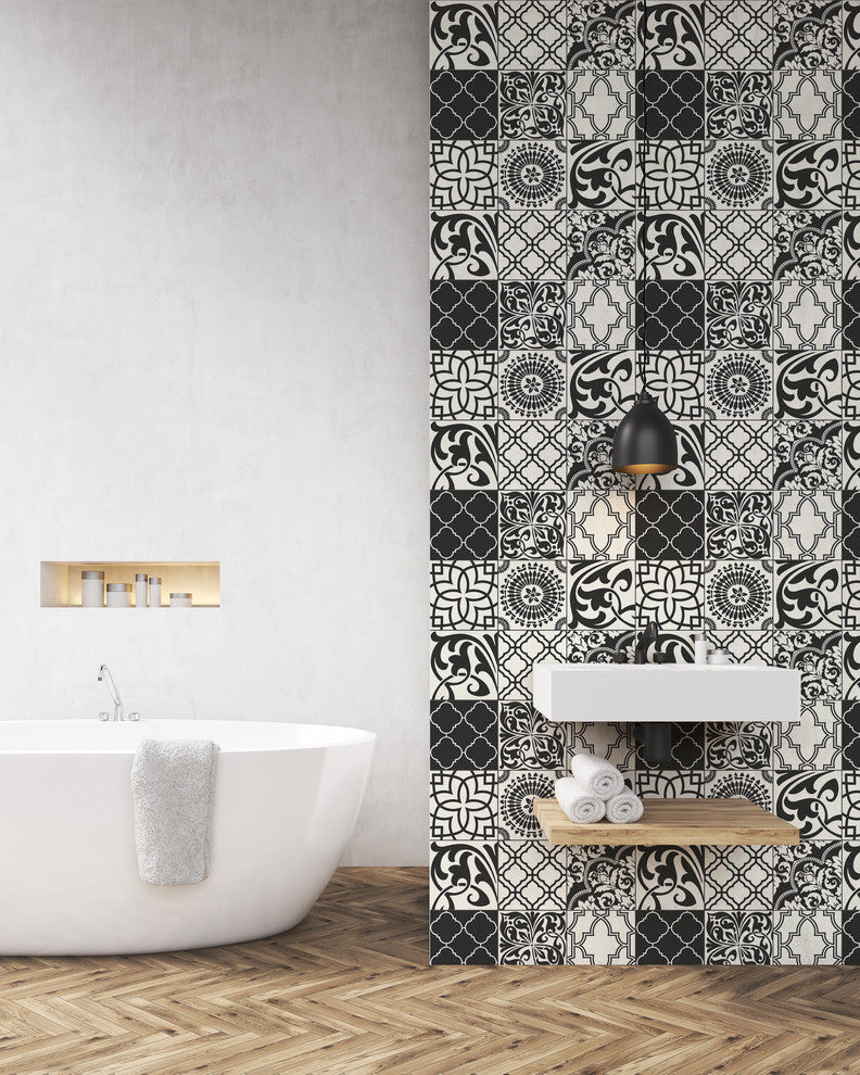 NextWall Black and White Graphic Tile Peel and Stick Wallpaper