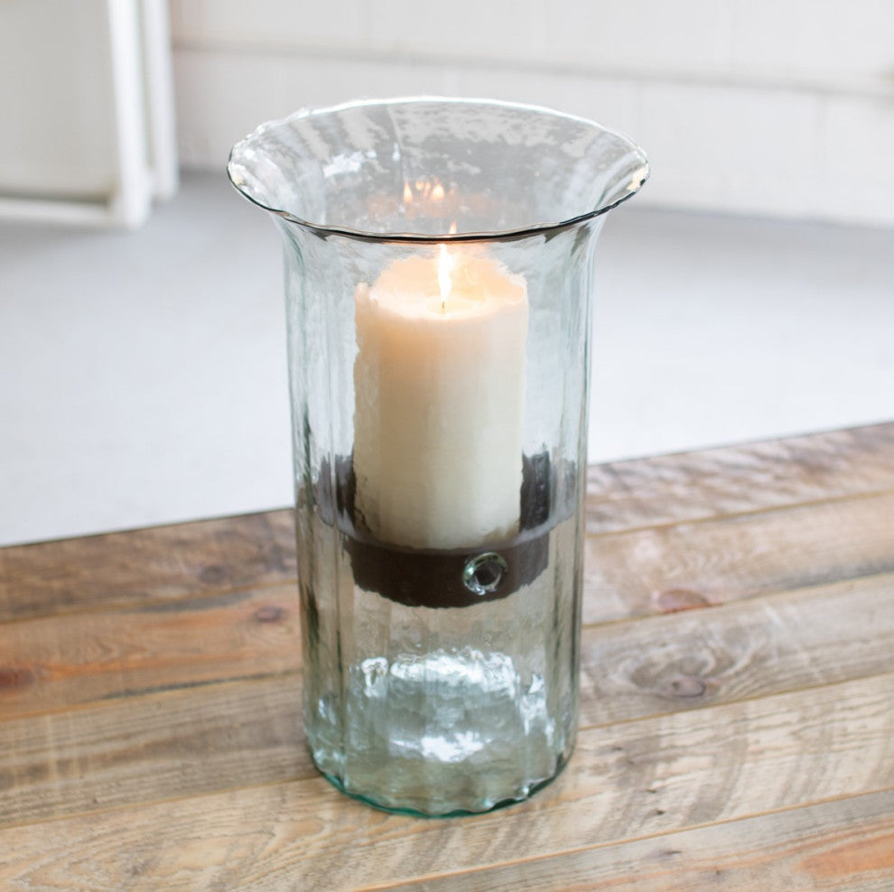 Ribbed Clear Glass 15" Candle Hurricane Rustic Pillar Holder Display Vase