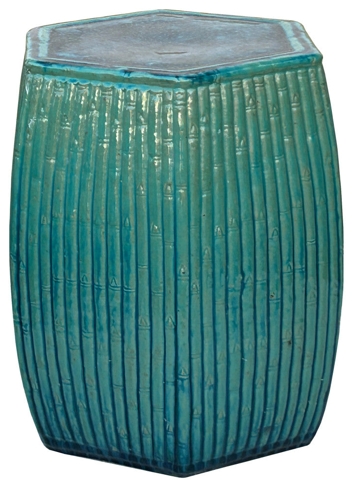 Hexagon Bamboo Theme Turquoise Green Ceramic Clay Garden Stool Hws3557
