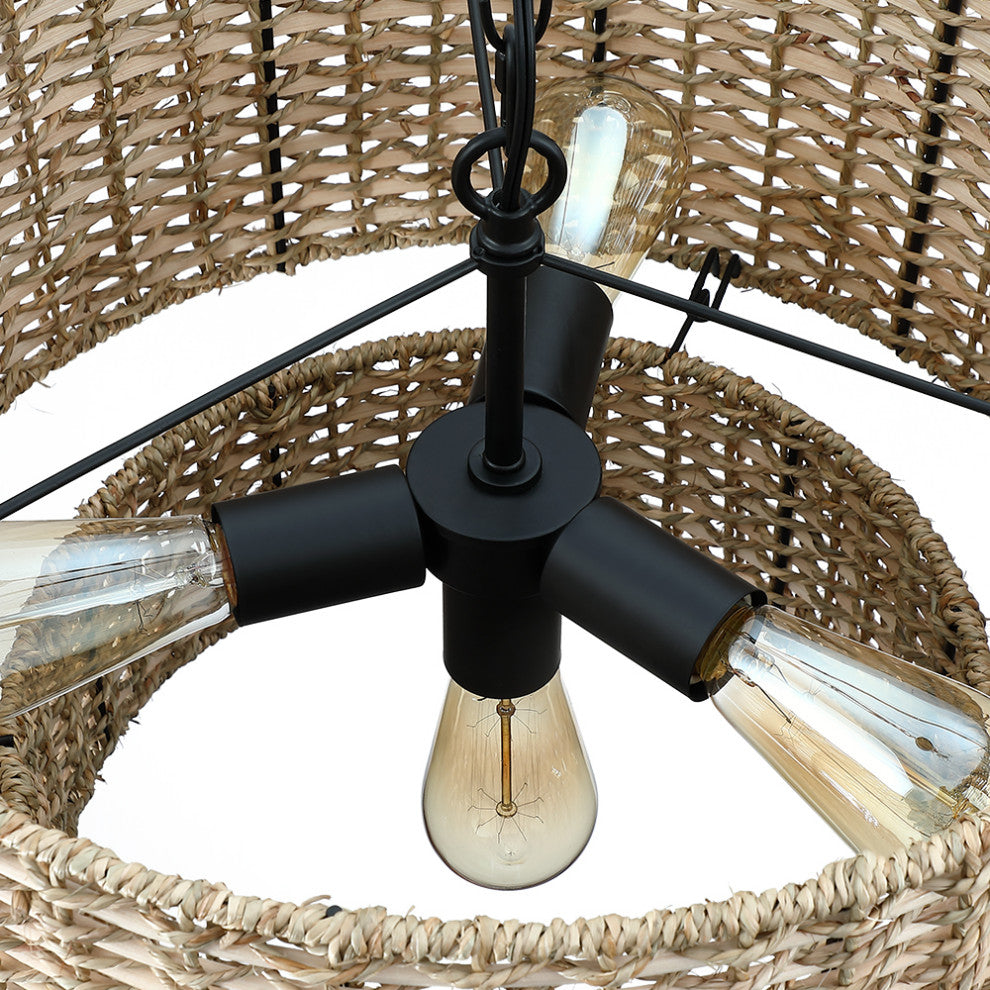 20" W 4-Light Rattan Tiered Drum Chandelier Light With Black Canopy