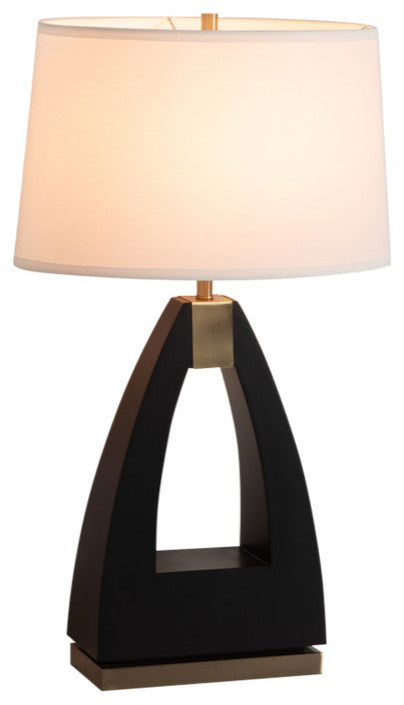 Trina Table Lamp - Wood Finish, Weathered Brass, White Linen Shade, 3-Way Switch