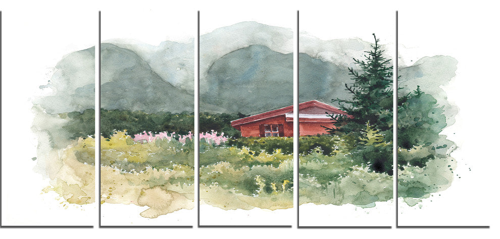 Watercolor House Aad Mountains, Landscape Canvas Art Print, 60"x28", 5 Panels