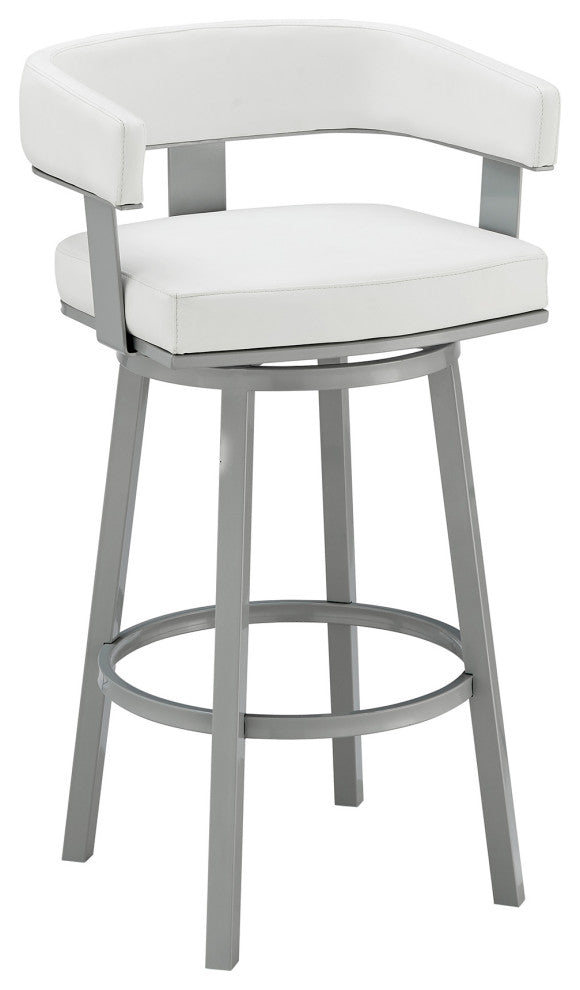 Lorin Counter Height Swivel Bar Stool, Black Finish and Black Faux Leather, Silver/White, Counter Height