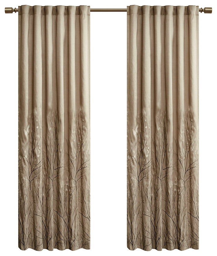 Madison Park Andora Embroidered Branches Faux Silk Window Panel, Blue, Tan, 95"