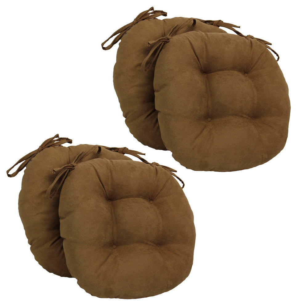 16" Solid Micro Suede Round Tufted Chair Cushions, Set of 4, Saddle Brown