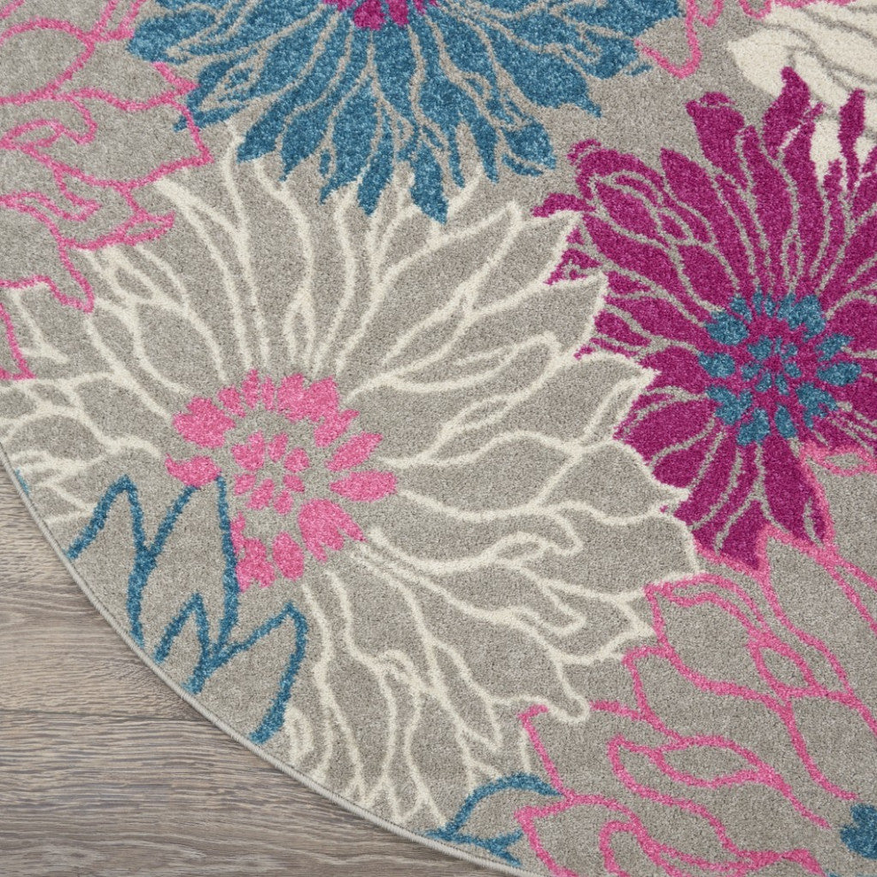 8 Round Gray and Pink Tropical Flower Area Rug