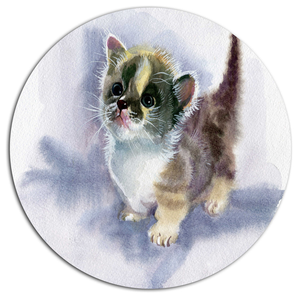 Cute Kitten On Blue Watercolor, Animal Disc Metal Artwork, 36"