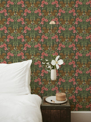 Kurre Dark Green Woodland Damask Wallpaper, Swatch