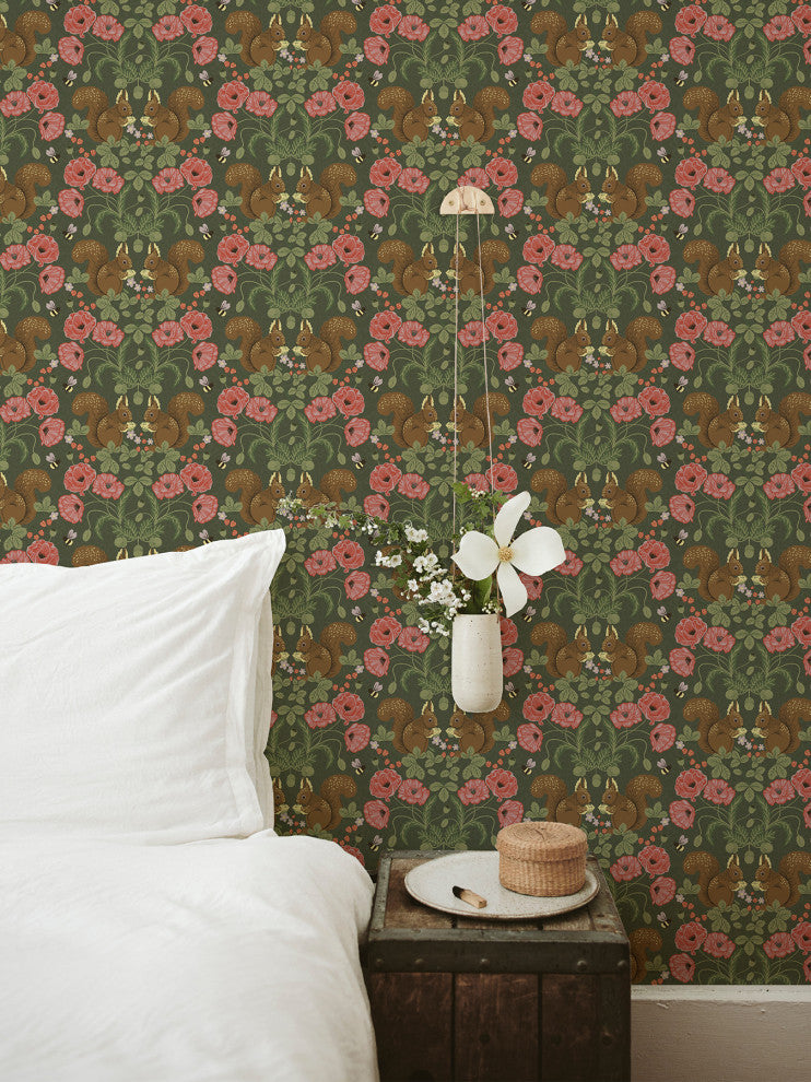 Kurre Dark Green Woodland Damask Wallpaper, Swatch