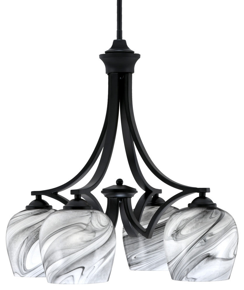 Zilo Downlight, 4 Light, Chandelier, Matte Black Finish, 6" Onyx Swirl Glass