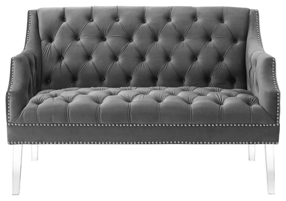 Tufted Loveseat Sofa, Velvet, Gray, Modern, Living Lounge Hotel Hospitality