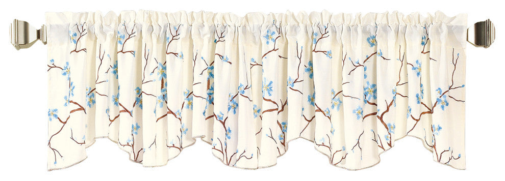 Cherry Blossom Embroidery Window Curtain Valance, Light Blue, 19" X 60"
