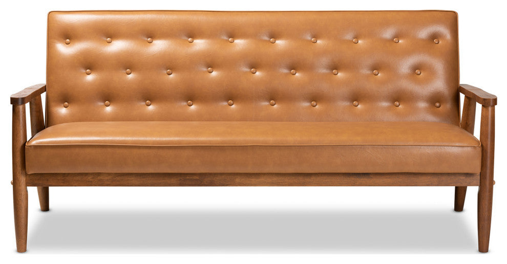 Sorrento Mid-Century Tan Faux Leather and Walnut Wood Sofa