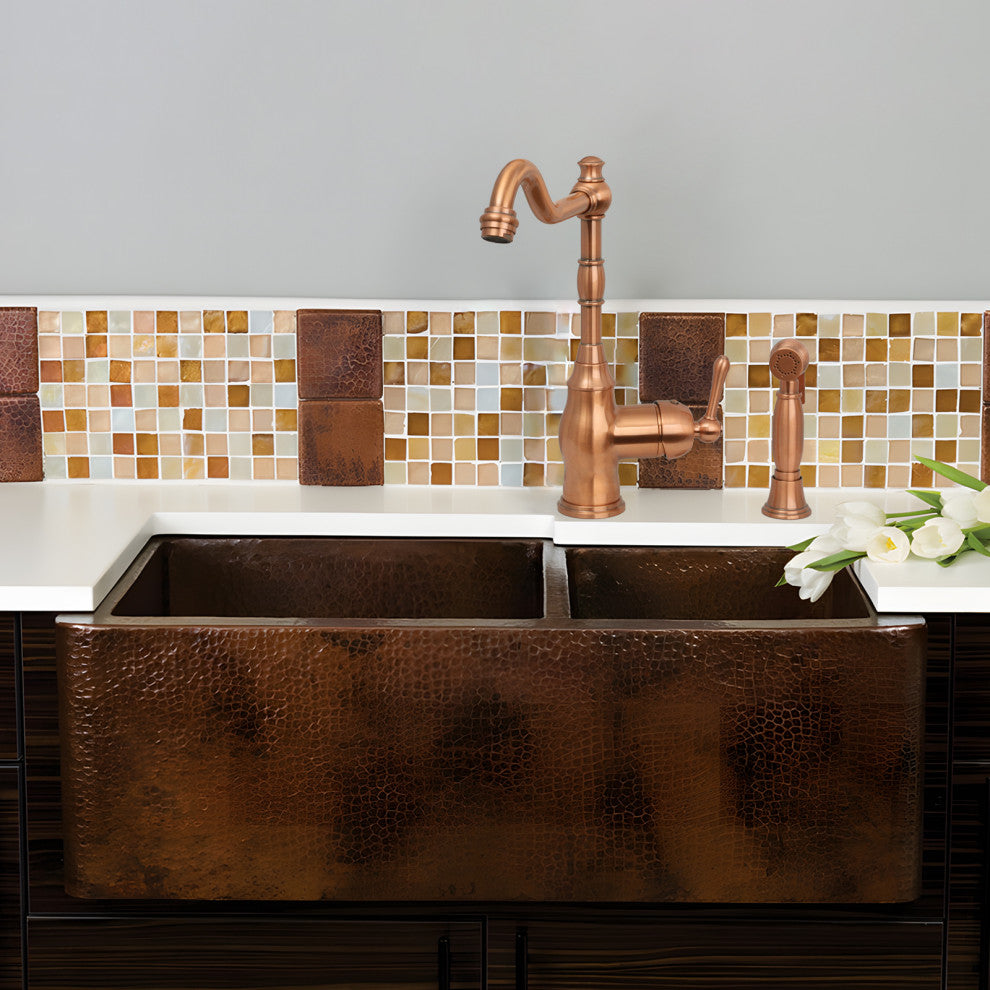 One-Handle Copper Widespread Kitchen Faucet with Side Sprayer, Copper