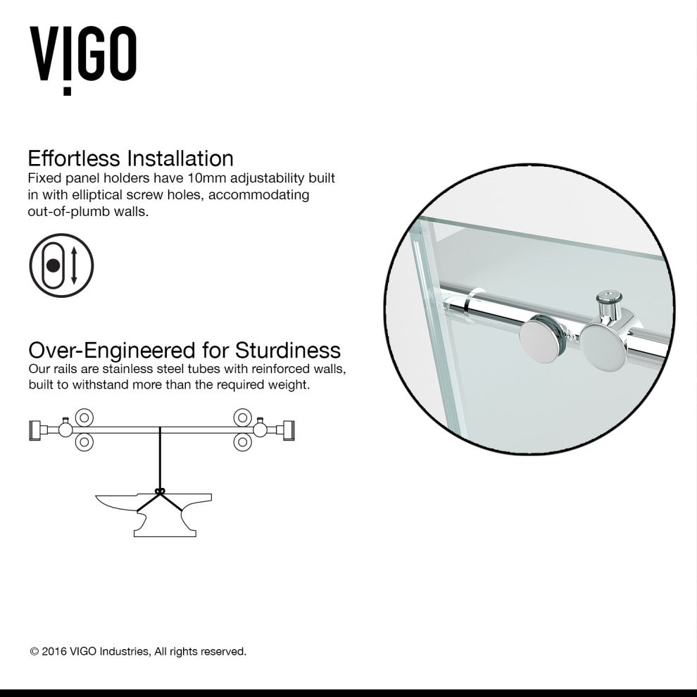 VIGO Elan 56" to 60" W x 66" H Frameless Sliding Tub Door, Chrome, Clear Glass