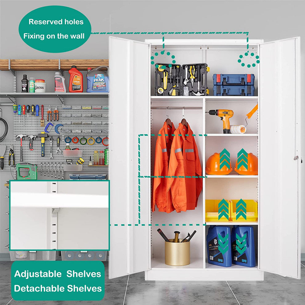 Metal Storage Cabinets Locker, 72" Steel Storage Freestanding Wardrobe, White, 182.8*90*45cm