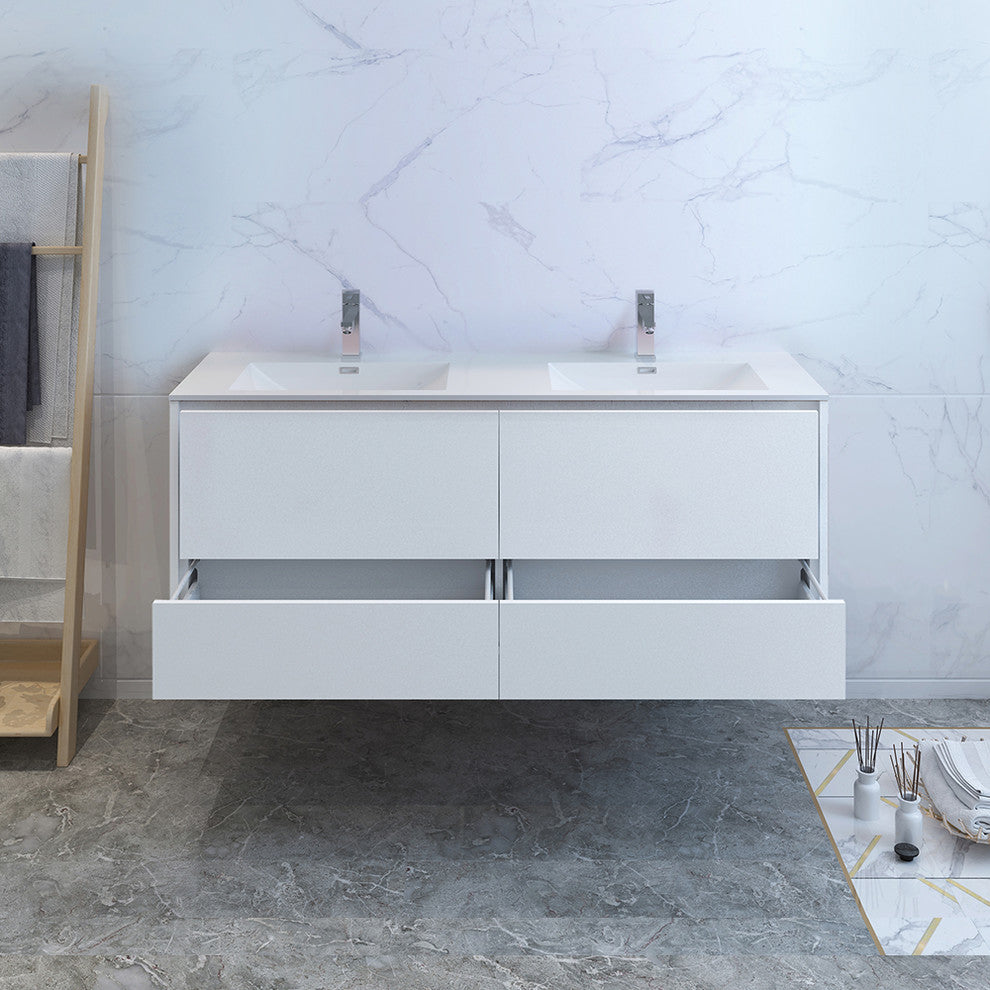 Fresca Catania 60" Gloss White Wall Hung Cabinet With Integrated Double Sink