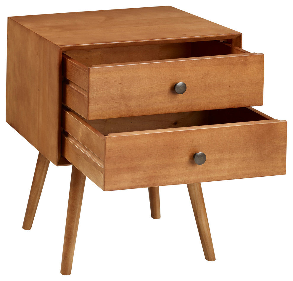 Mid-Century 2 Drawer Solid Wood Nightstand, Caramel