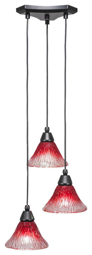 Europa 3-Light Cluster Pendalier, Matte Black/Raspberry Crystal