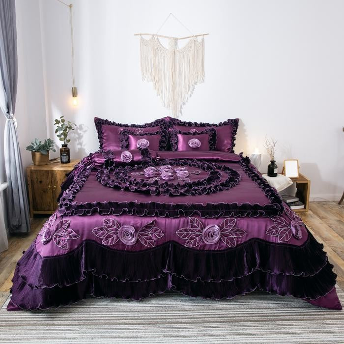 Purple Midnight Bloom Faux Satin Ruffle Comforter Set, Cal King