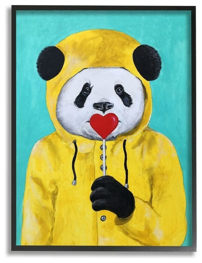Yellow Coat Panda With A Lollipop, Framed, 24"x30"