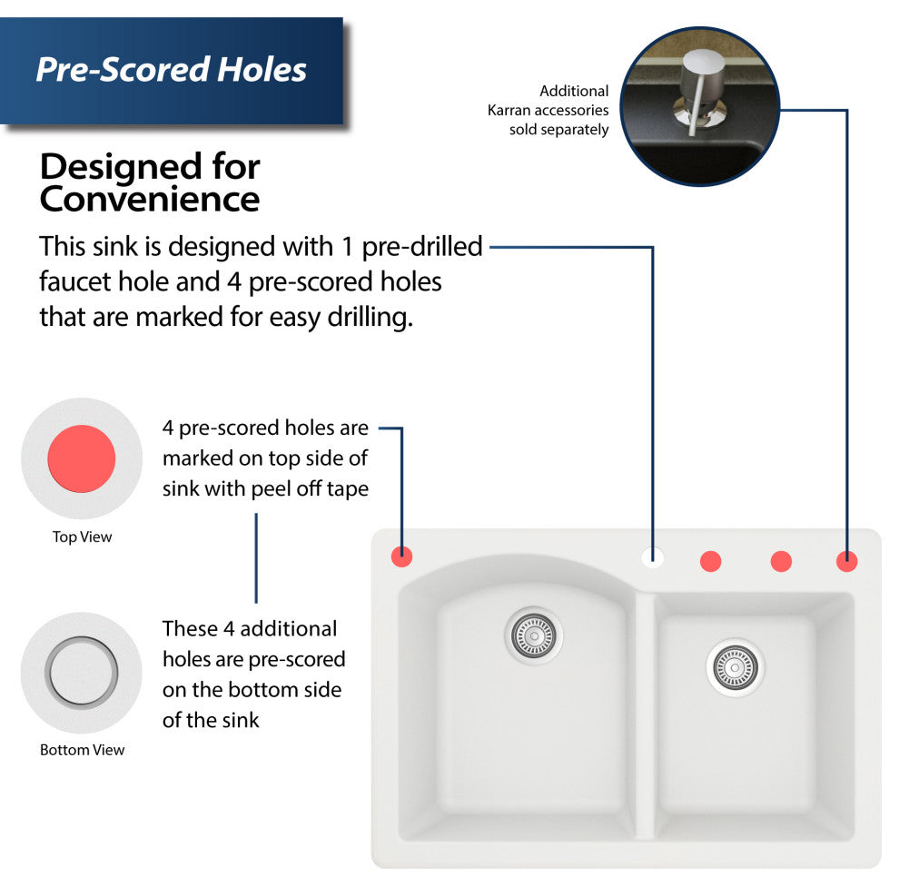 Karran Drop-In Quartz 33" 1-Hole 60/40 Double Bowl Sink Kit, White