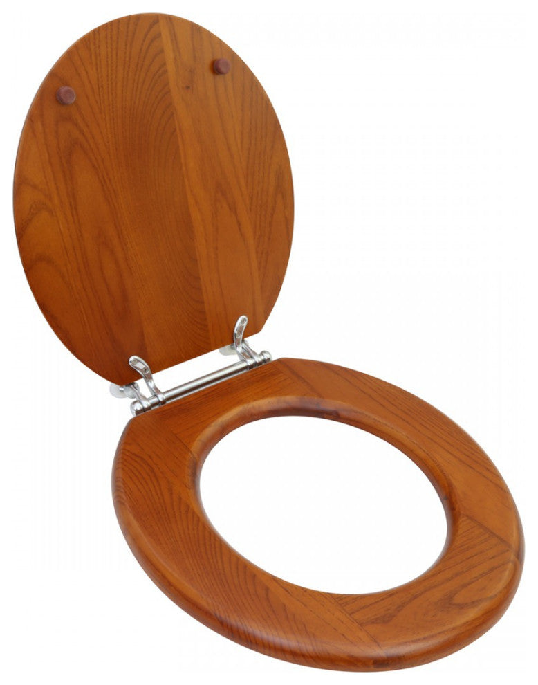 Solid Wood Toilet Seat Round Light Mahogany Finish Stained Chrome Hinge