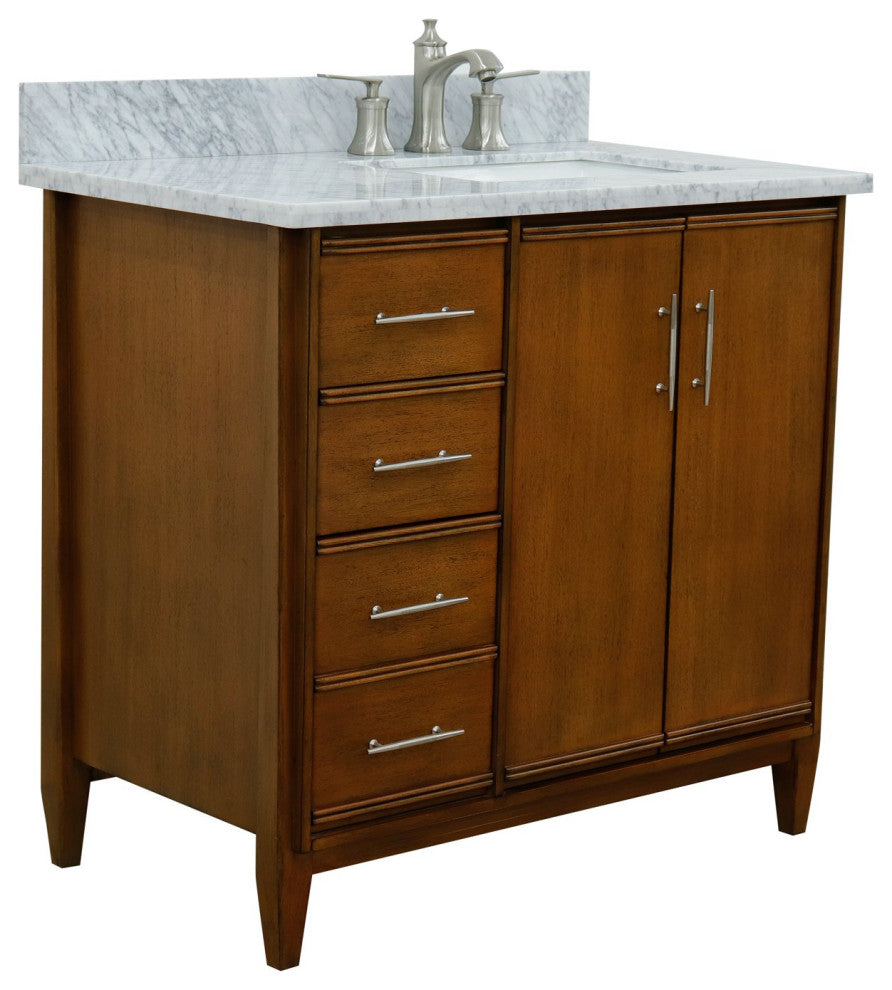 37" Single Vanity, Walnut Finish With White Carrara