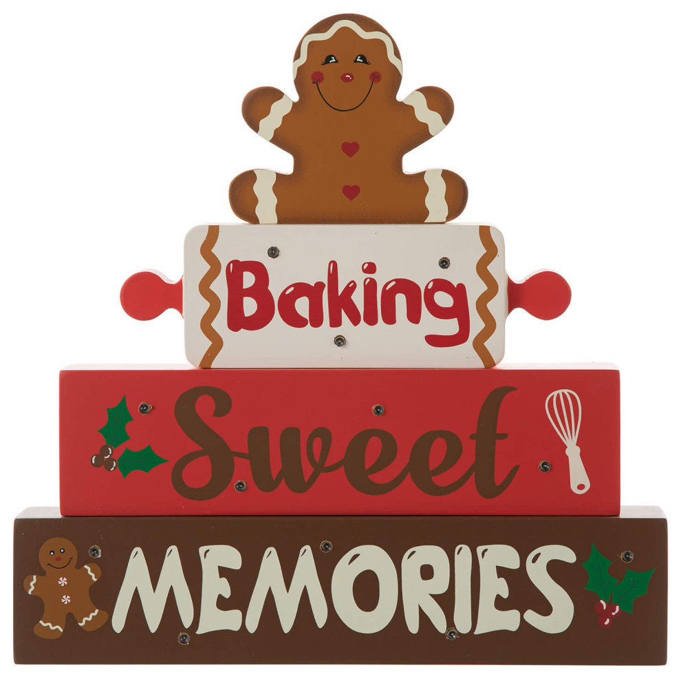 12"H Lighted Wooden Christmas Block Table Decor, Gingerbread Man