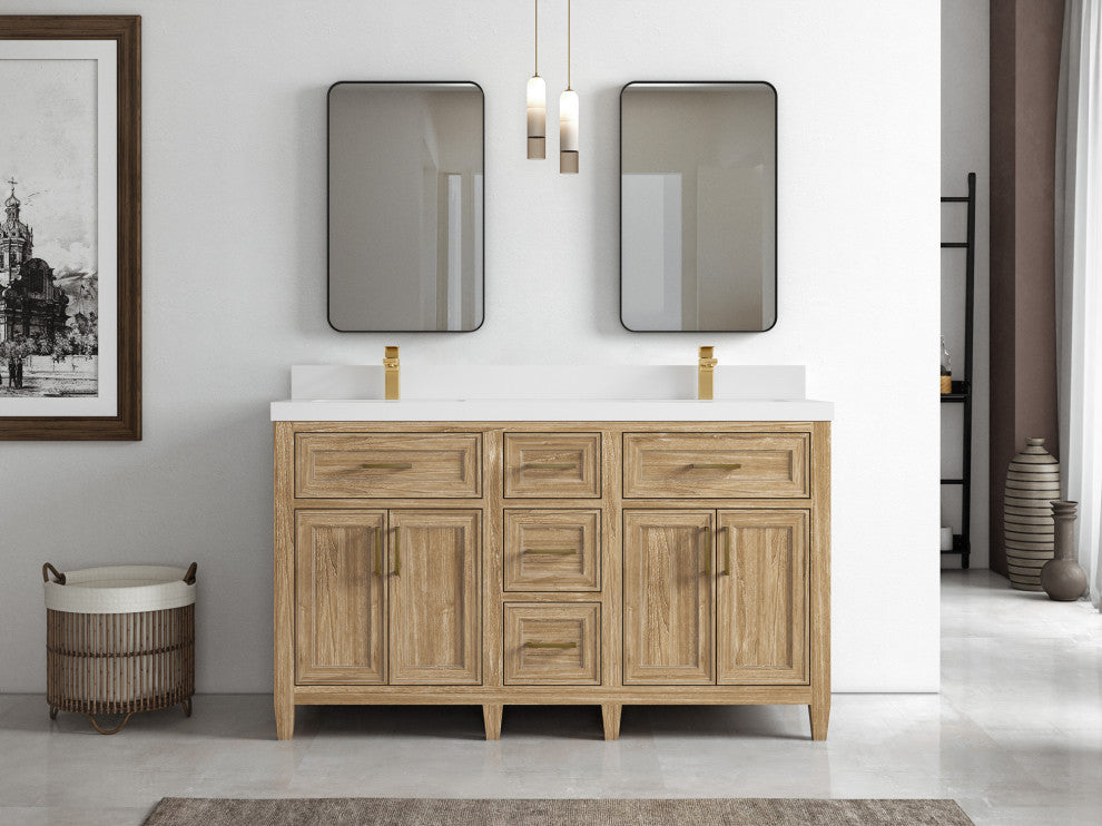 Santa Monica 60 Double Sink Bathroom Vanity in Whitewashed Teak 2" White Quartz