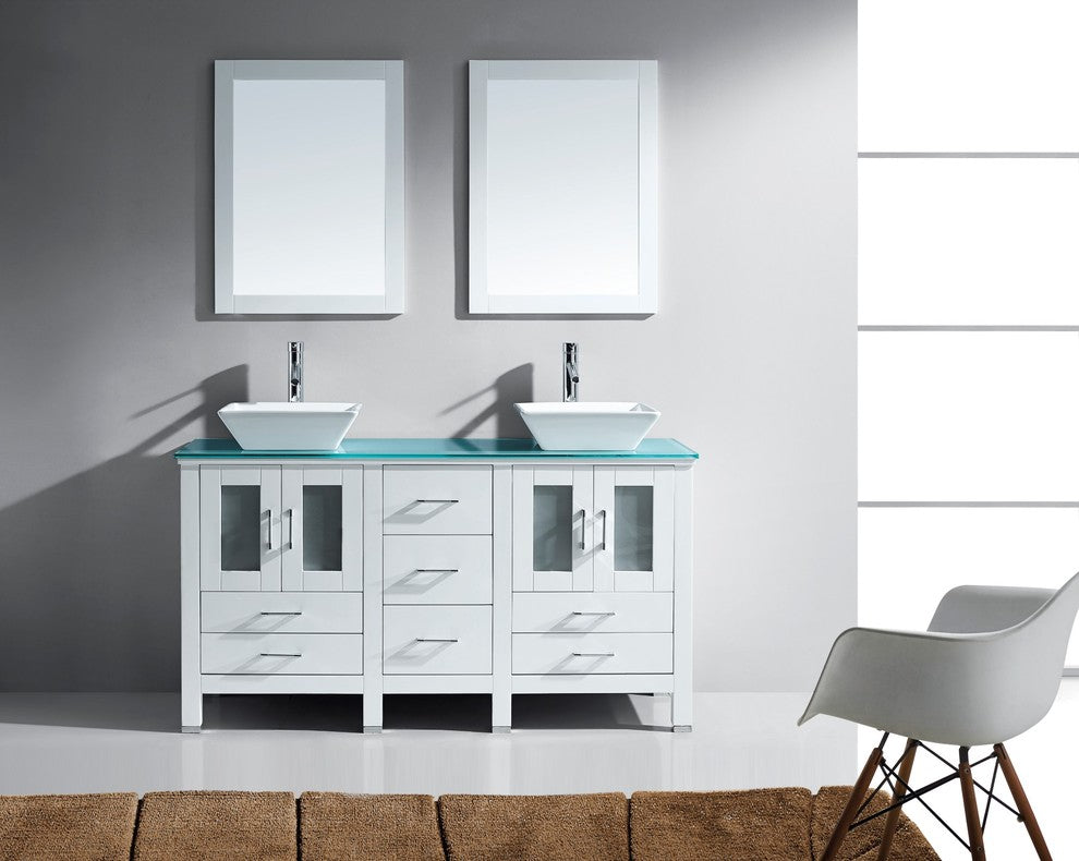 Bradford 60" Double Bathroom Vanity Set, White, Glass Top, Polished Chrome
