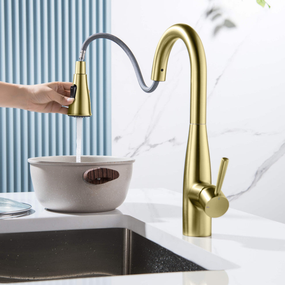 Bari Single Handle Pull Down Kitchen & Bar Sink Faucet, Brushed Gold