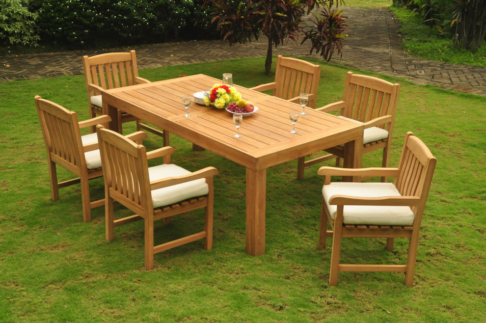 9-Piece Outdoor Patio Teak Dining Set: 86" Rectangle Table, 8 Devon Arm Chairs