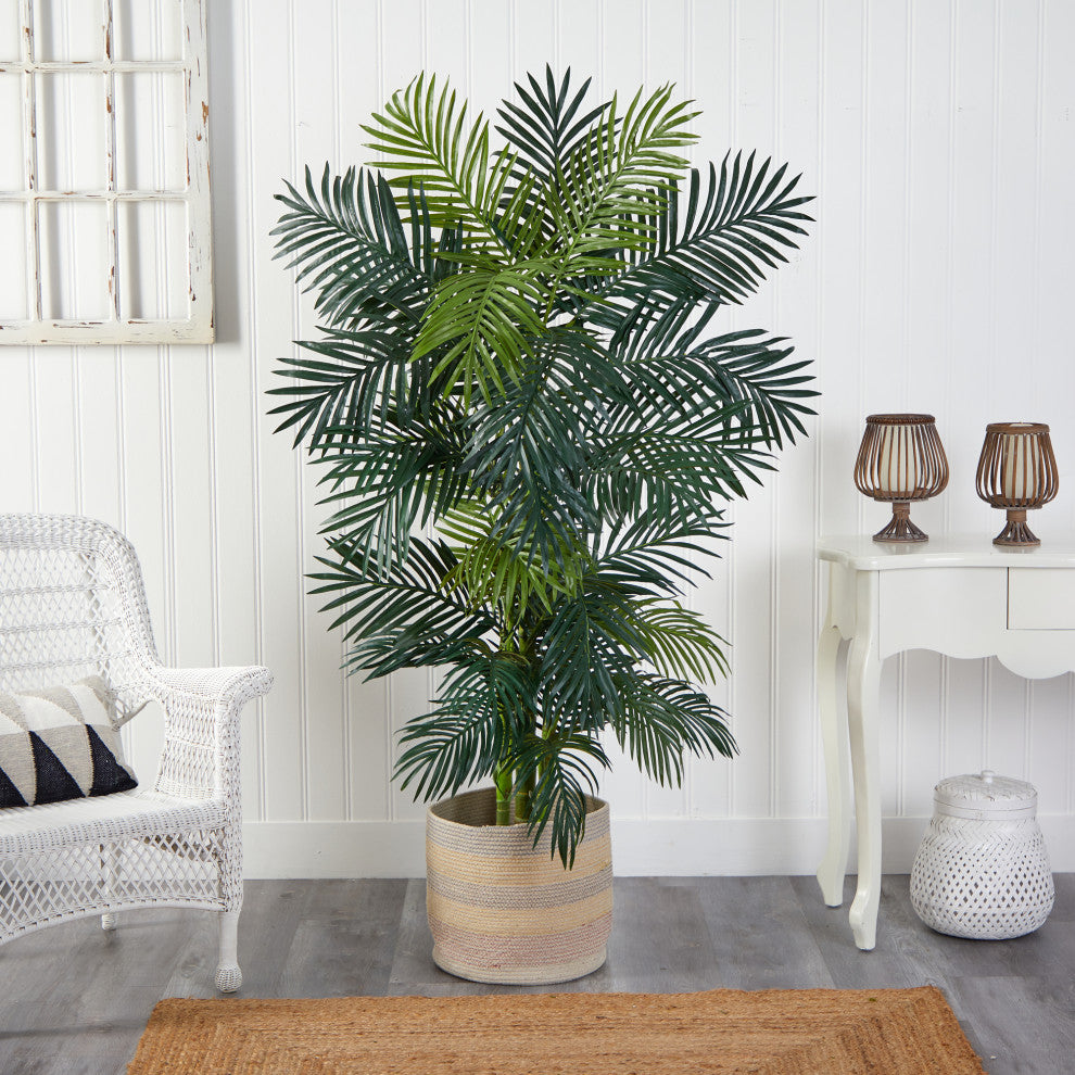 6.5' Golden Cane Faux Palm Tree, Handmade Cotton Multicolor Woven Planter