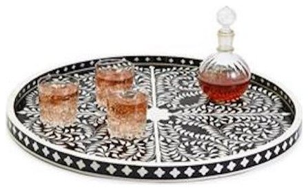 Two's Company Jaipur Palace Black and White Decorative Round Serving Tray